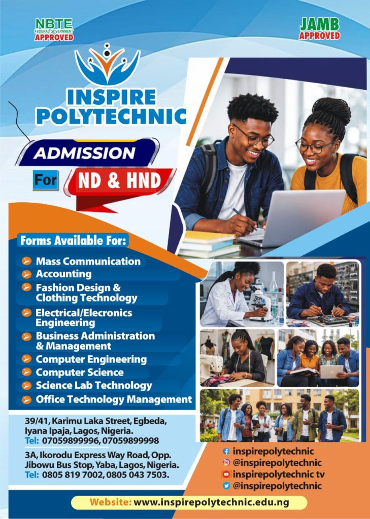 Inspire Polytechnic admissions flyer with an ND and HND heading, nine programme subjects, approval badges and contact details for Egbeda and Yaba.