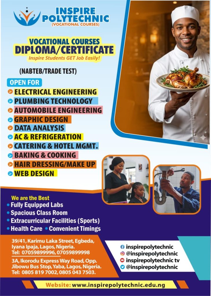 Inspire Polytechnic vocational flyer listing ten courses, diploma/certificate labels and contact details for Egbeda and Yaba.